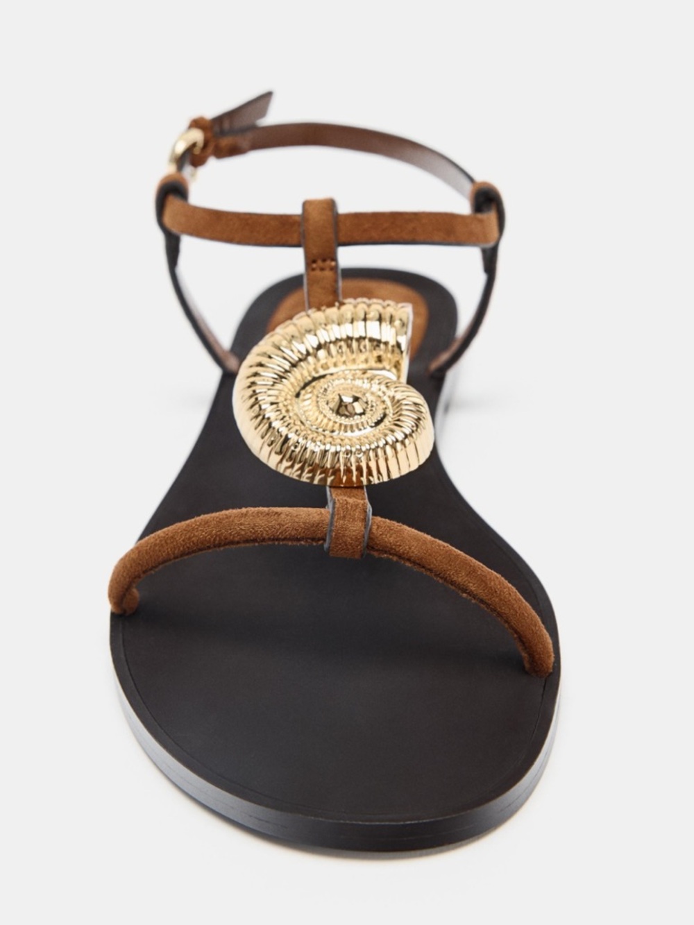 Zara Brown T‑Strap Flat Sandals with Metallic Gold Shell Accent - Picture 3 of 7